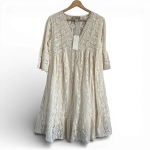 Astrid for The Jilly Box Boho Cream Lace Midi Dress V Neck Ruffle Hem Small